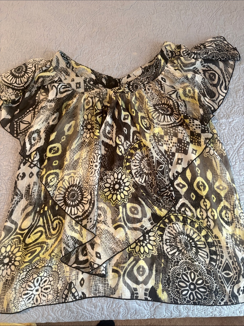Ashley Stewart Yellow, Black & White Floral-Print Ruffle Blouse